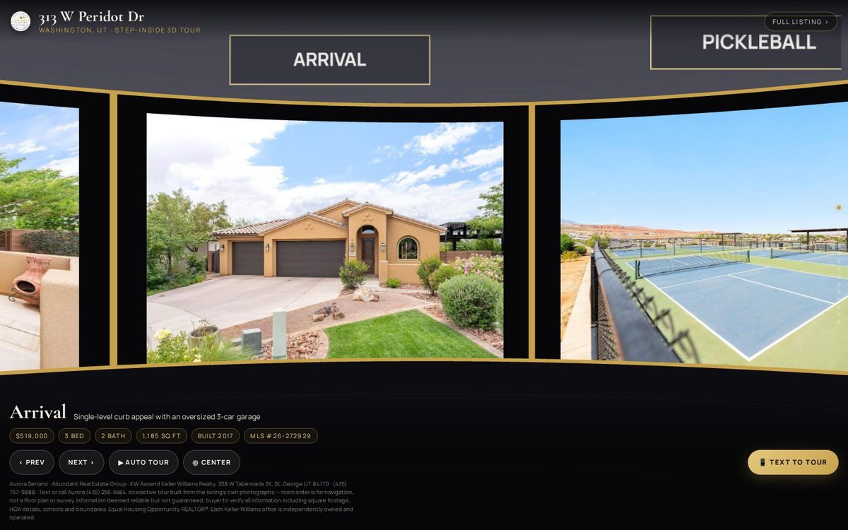 A 3D gallery of listing photographs, gold-framed, seen from inside