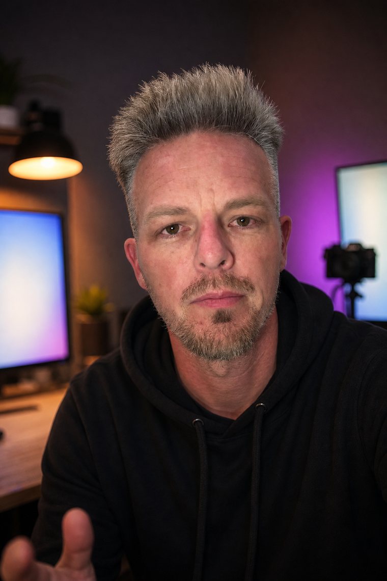 Creator Desk — the same man rendered into a new environment, scored 100.0 out of 100
