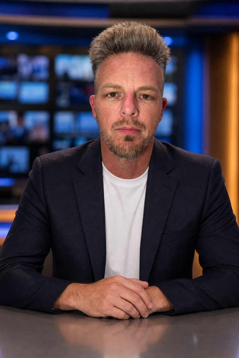 Broadcast Desk — the same man rendered into a new environment, scored 93.0 out of 100