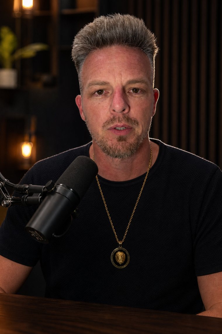 Podcast Authority — the same man rendered into a new environment, scored 93.0 out of 100