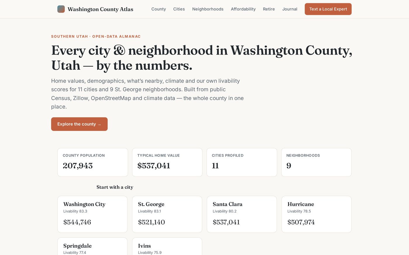 washingtonutah.homes — a Washington County open-data atlas (11 cities, 9 neighborhoods)